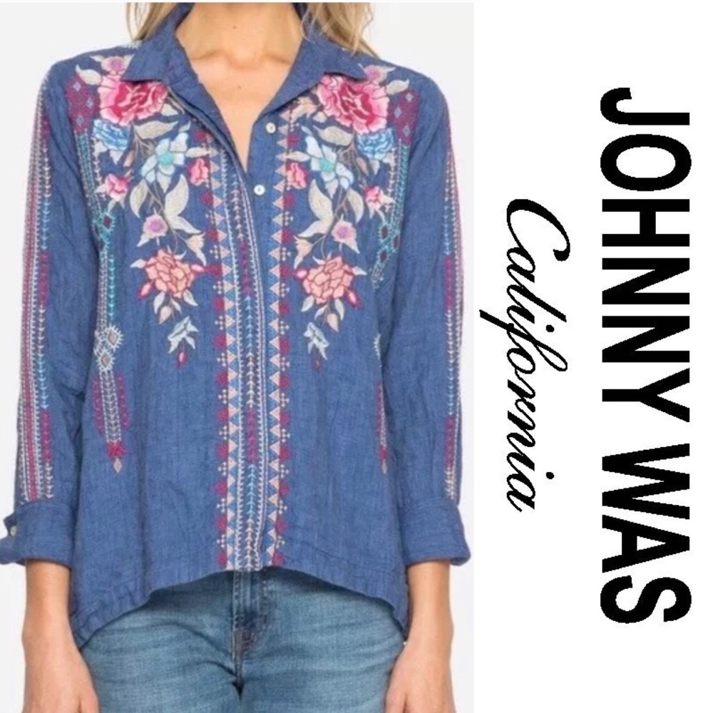 Johnny Was Amal Embroidered Linen Blouse in Blue Size Medium NWOT